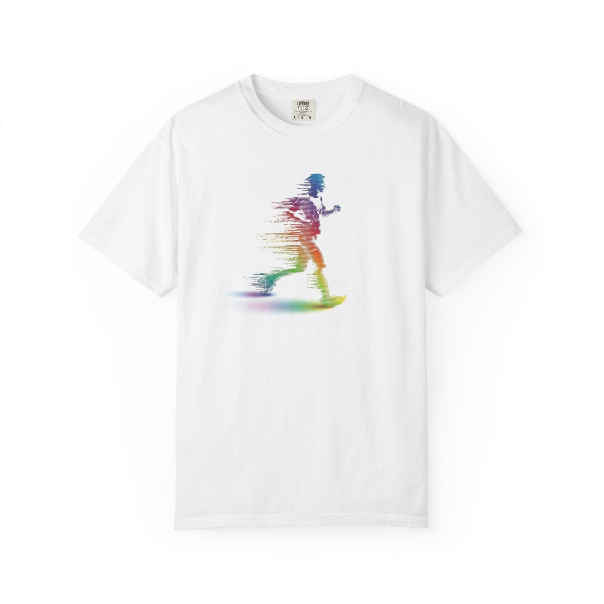 Rainbow Motion Runner T-Shirt | Running Silhouette, Speed Blur Graphic