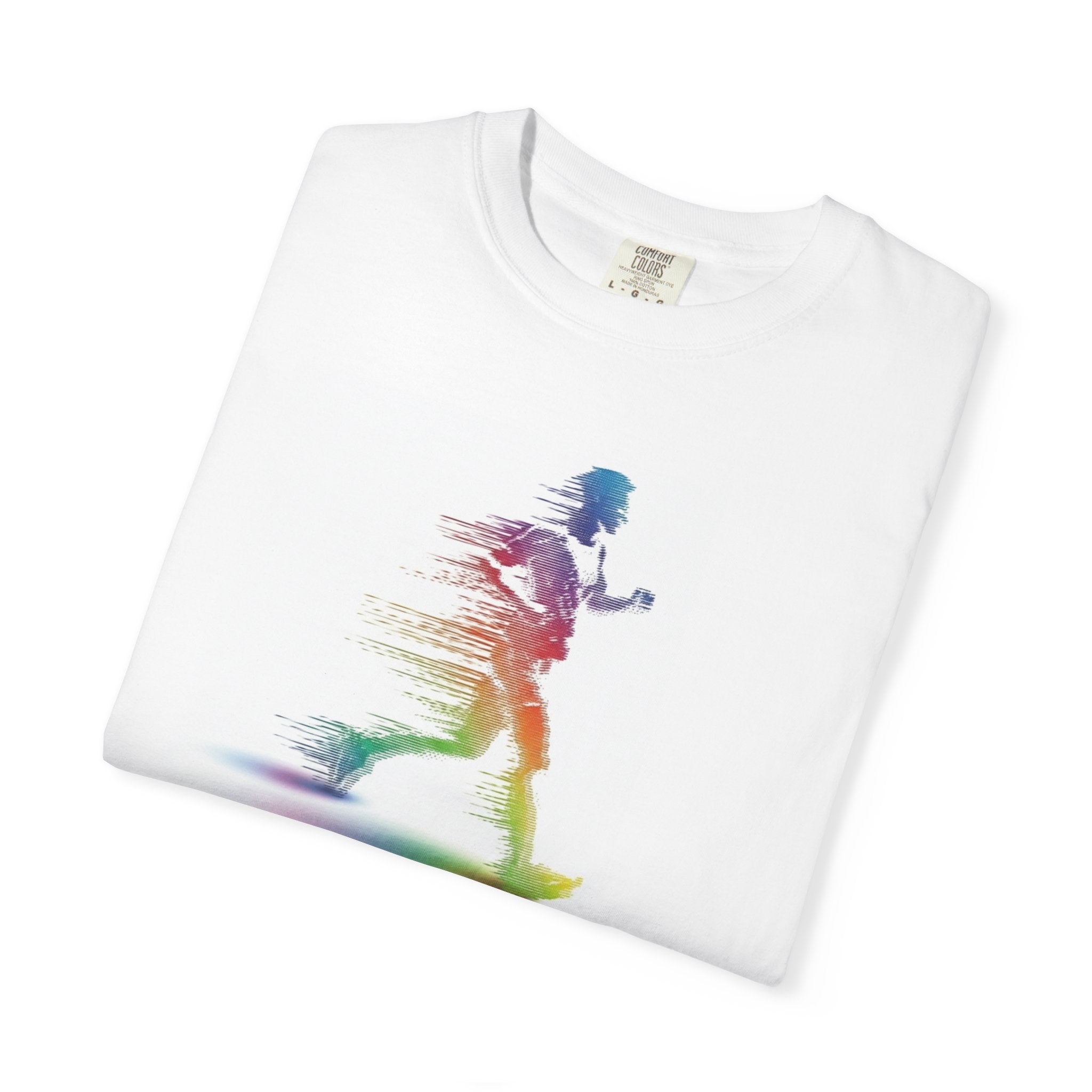Rainbow Motion Runner T-Shirt | Running Silhouette, Speed Blur Graphic